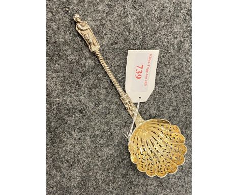 Victorian Hallmarked silver sifter ladle with apostle terminal handle pierced gilt shell shape bowl by the Lias Brothers Lond