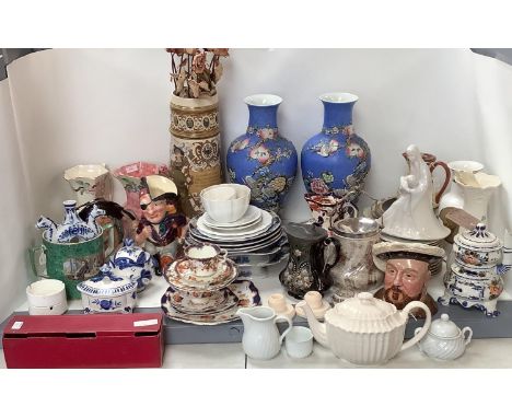 Mixed lot of ceramics including Royal Doulton Sancho Panca jug, 2 Maling jugs, Spode teapot large pair Japanese vases 42 cm, 