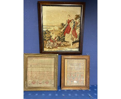 Tapestry of 2 ladies in wooden frame, and 2 tapestry samplers, both framed and glazed