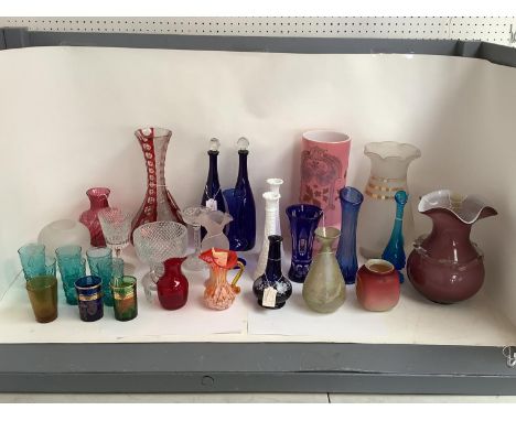 Mixed selection of glass (approx. 30) to include two Bohemian overlay vases ruby 34cm, blue 18cm. Condition Report: Generally