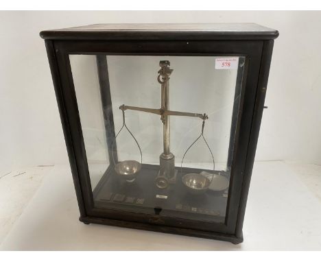 Glass cased apothecaries scales , labelled Gebr.Ott Hanau. 