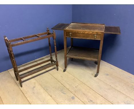 Oak umbrella / stick stand &amp; an oak tea trolly. Condition: General wear (2) 