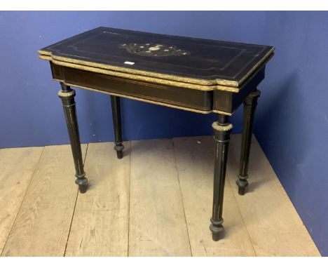 Late C19th French brass marquetry inlaid breakfront foldover card table with green baize interior &amp; ormolu decoration. 84