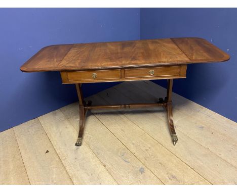 Late Regency crossbanded light figured mahogany sofa table with 2 drawers and opposing dummy drawers.    X 90 L closed 147 cm