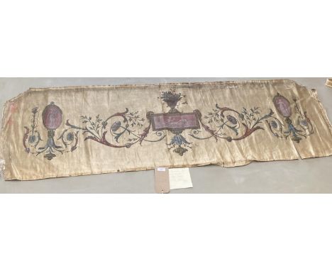 An C18th/C19th silk panel, with classical Adam style illustrations, possibly a design for Kenwood House, 