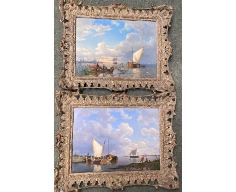 PIETER CORNELIS DOMMERSHUIJZEN (1834-1908) pair of oils on wood panels, "Estuary scenes with fishermen" 1 signed lower right,