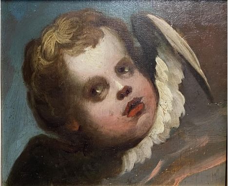 Oil on board panel, "Head of Putto" dating from circa 1700, possibly fragment from larger work, unsigned , 23 x 27.5cm, in mo