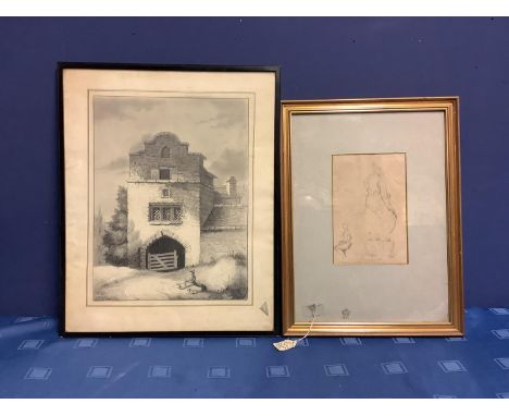 C19 English school, pencil drawing, "Gentleman and his dog, seated before a building", indistinctly signed with initial lower