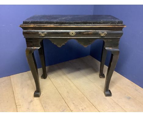 C19th Continental black painted console table with a drawer with an inlaid faux marble painted top 89cm H x 98cmW x 48cm D. C