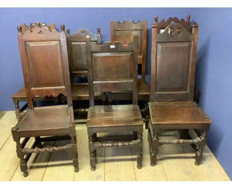 8 similar late C19th panel back oak side chairs. Condition: General wear 