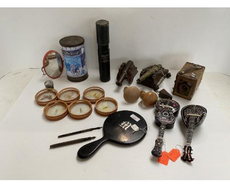 A quantity of various collectables to include a late C19th ebony hand mirror, monogrammed M, a Brownie camera, two C18/19th c