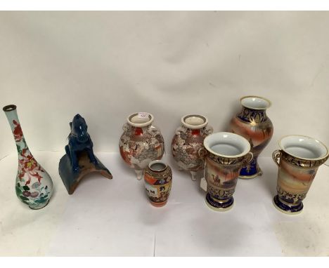 Pair globular Satsuma vases on cabriole feet 20cm H, pottery dragon ridge tile 24cm H, C19th Japanese cloisonne vase of slend
