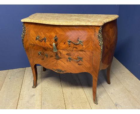 Dutch Kingwood marquetry 2 drawer bomb commode with ormolu decoration beneath a marble top 100 cm w x 460 cm deep  Condition 