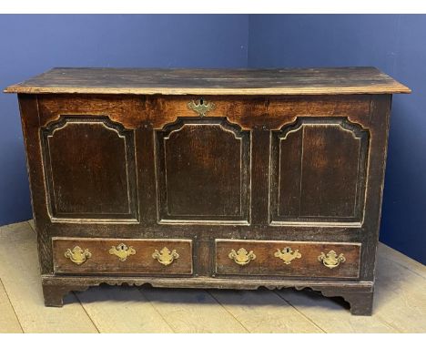 C18th oak mule chest 3 panel front above 2 base drawers on bracket feet 145 cm L x 55 cm deep x 94 cm H Condition general wea