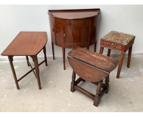 Edwardian inlaid mahogany bow front night cupboard, small oak gateleg table small bow front coffee table and a tapestry seat 