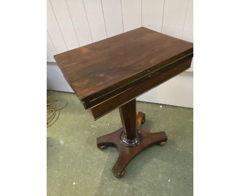 Small Regency rosewood foldover pedestal card table with green baize interior closed 49cm x 35 cm L open 49 x 69 cm.  Conditi