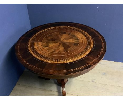 Fine quality , speciman inlaid circular centre table,  the tripod pedestal  and the circular top with radiating inlay 74h x 8