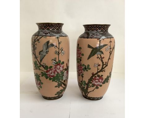 Pair of C19th Chinese Canton Enamel vases 30 cm H, decorated with birds and butterflies, on a peach ground; Condition Report: