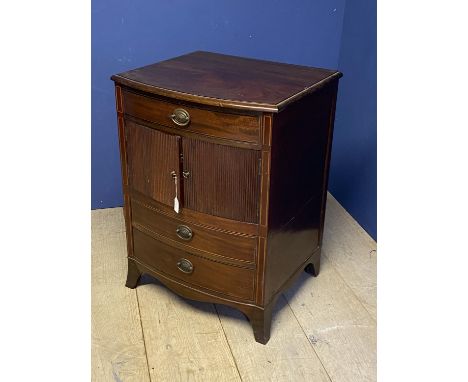 George IV inlaid bow front mahogany tambour fronted night commode with a top drawer and 2 drawer base on splayed bracket feet
