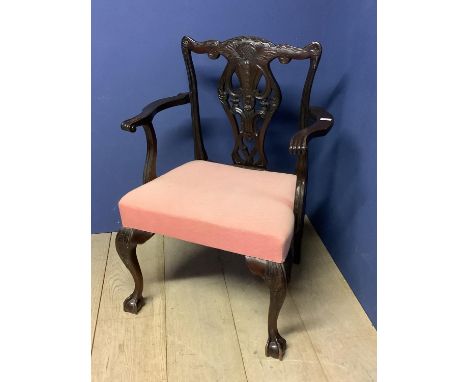 Good George III gentleman's Chippendale design carved mahogany arm chair with overstuffed seat (faded). Condition: Generally 