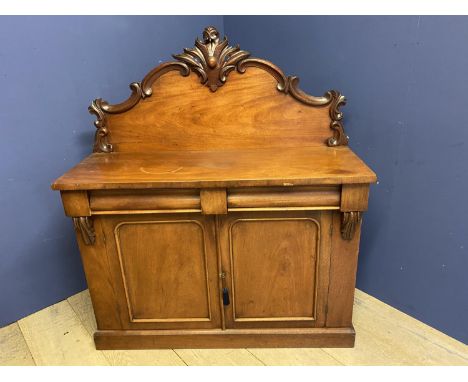 Victorian, light mahogany chiffonier with carved back, 119l x 42d x 138h cm. Condition: general wear, with key. 