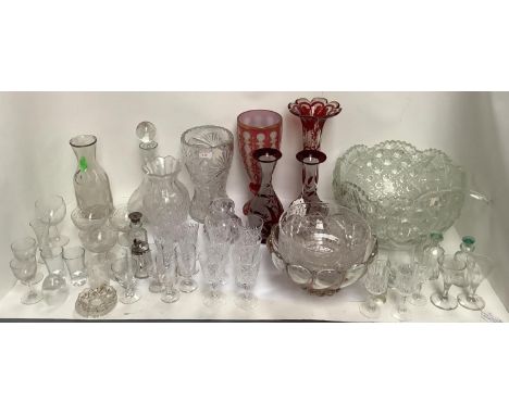 Collection of glassware, 50 items including wine glasses, vases, fruit bowls, decanter &amp; large punch bowl with ladle 