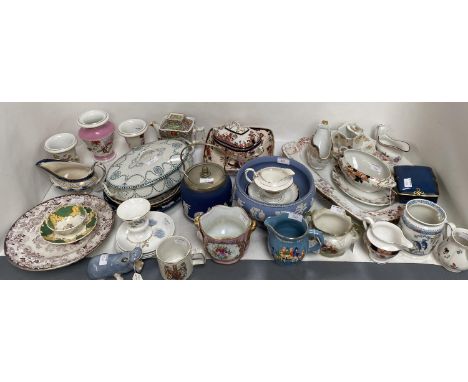 Wedgwood blue jasper ware footed bowl 20cm Diam, Tunstall blue jasperware biscuit barrel &amp; cover 14cm H, Carltonware trin
