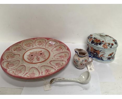 Quimper pottery oyster dish, pink &amp; white 33cm with small Quimper jug  9cm, Vista Allegre Portuguese jar &amp; cover, ova