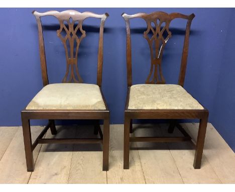 Pair late C19th Chippendale style oak side chairs with drop in seats. Condition: General wear, seats stains (2) 