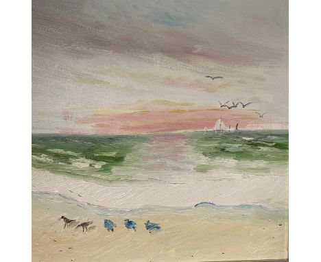 GEORGE S WISSINGER C20th, oil,  Seascape with morning light &amp; boats, 2016, 38.5 x 38.5cm, framed, Condition: Good 