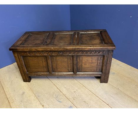 Small carved oak 3 panel coffer, with original ironwork  108 cm L x 48 deep x 50 H.  Condition good condition, general wear. 
