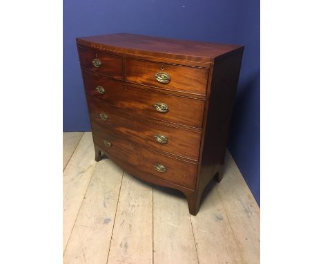 George III inlaid mahogany bowfront chest of 2 short over 3 long graduated drawers on splayed bracket feet 103cm H x 103cm W 