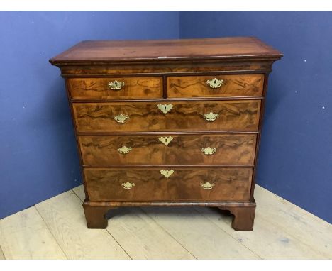 George I period solid walnut chest, English, C1715-20, with original brass, restored bracket feet, 97h x 99w x 51d cm. 