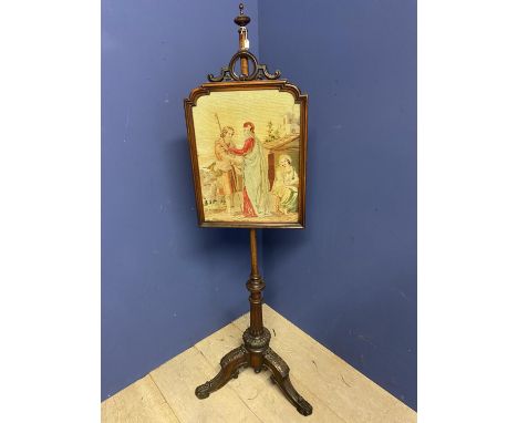 Regency mahogany tripod pole screen with glazed needlework screen. The tripod ornately carved with Acanthus leaves. 150cm H t
