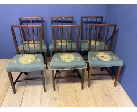 Set of 6 William IV mahogany dining chairs with inlaid tapestry over stuffed seats. Condition: General wear, need a polish (6