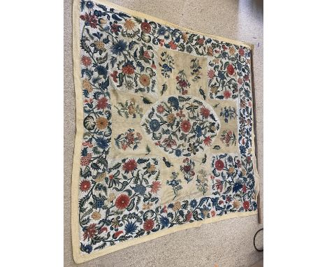 Antique crewel and bead work tapestry 170 x 167 cm with provenance bears old label "Calley. Burderop Park, Swindon" and from 