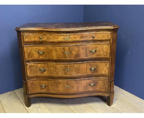 Fine quality George I period serpentine inlaid Continental walnut commode,  possibly German C1710-20, labelled in top drawer 