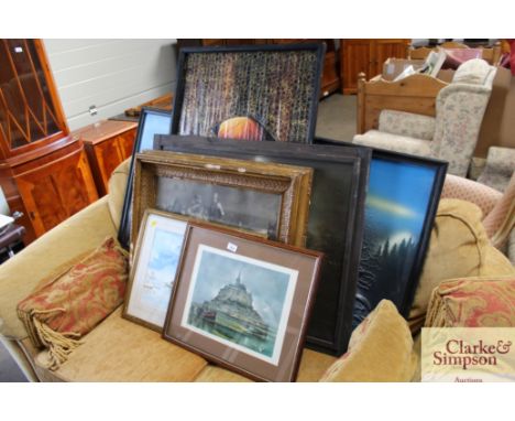 A quantity of pictures and prints: to include a black and white print contained in gilt frame depicting Joan of Arc