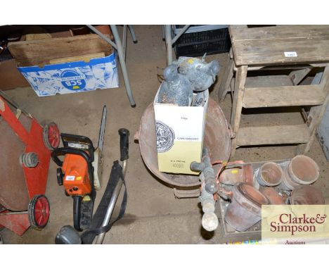 Three plastic decoy pigeons, two brass garden sprayers and a galvanised hod 