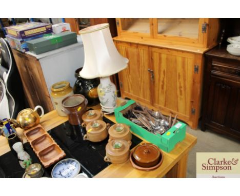 A quantity of stoneware, soup bowls, vases, table lamp and cutlery 