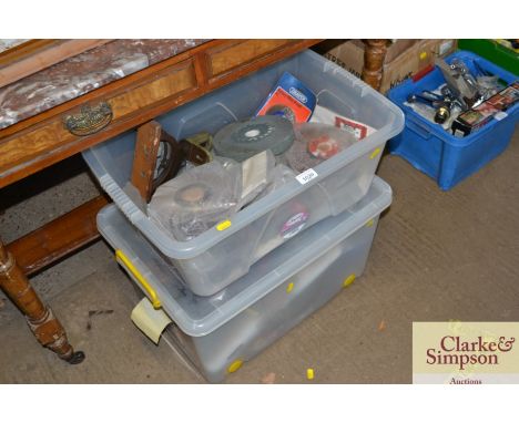 Two boxes containing sandy discs, grinder and other tools