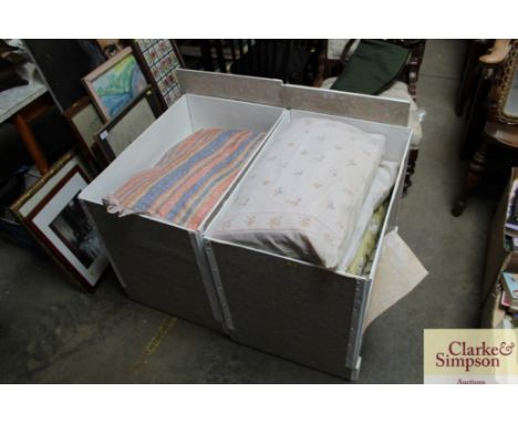 Two large boxes of pillows; curtains etc