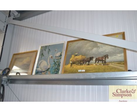 A framed and glazed print of a harvest scene; a wool work picture of swans and another watercolour of a mountain scene