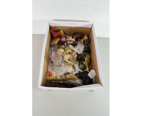 BOX CONTAINING MINIATURE ORNAMENTS, GLASS CANDLESTICK ETC