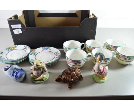 QTY OF ROYAL DOULTON MOWBRAY PATTERN CUPS AND SAUCERS TOGETHER WITH TWO ROYAL ALBERT BEATRIX POTTER FIGURES AND OTHER ORNAMEN
