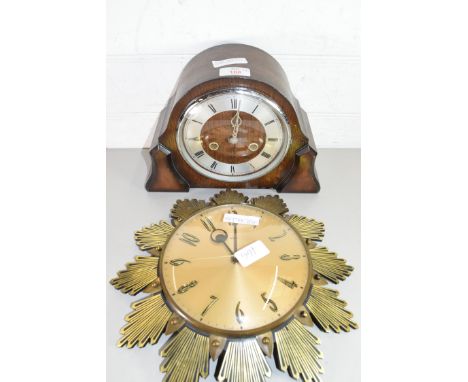 OAK CASED DOME TOP MANTEL CLOCK TOGETHER WITH A MID-CENTURY WALL CLOCK WITH QUARTZ MOVEMENT