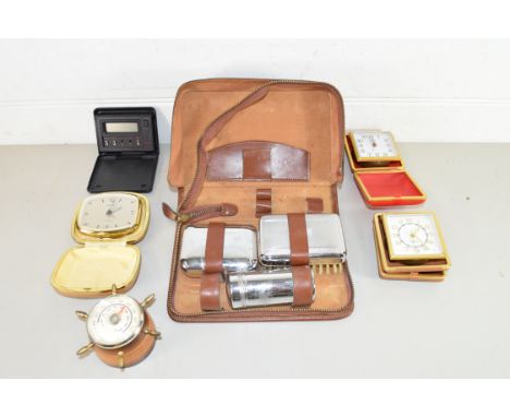 GENTS TRAVELLING VANITY SET TOGETHER WITH VARIOUS TRAVEL CLOCKS AND A SMALL THERMOMETER