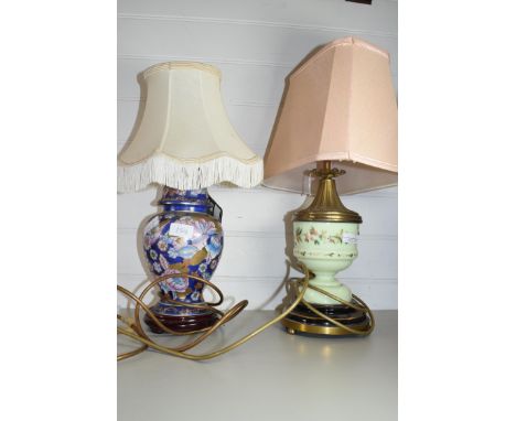 VICTORIAN OIL LAMP BASE CONVERTED TO A TABLE LAMP TOGETHER WITH A MODERN ORIENTAL TABLE LAMP