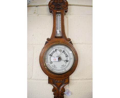 VICTORIAN OAK CASED ANEROID BAROMETER AND THERMOMETER COMBINATION