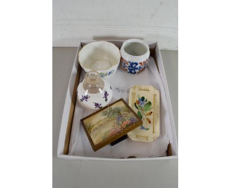 BOX OF MIXED ITEMS TO INCLUDE AN AYNSLEY BOWL, A KAISER MALMO PATTERN SMALL SUGAR BASIN, SMALL NEEDLEWORK PICTURE, GLASS VASE